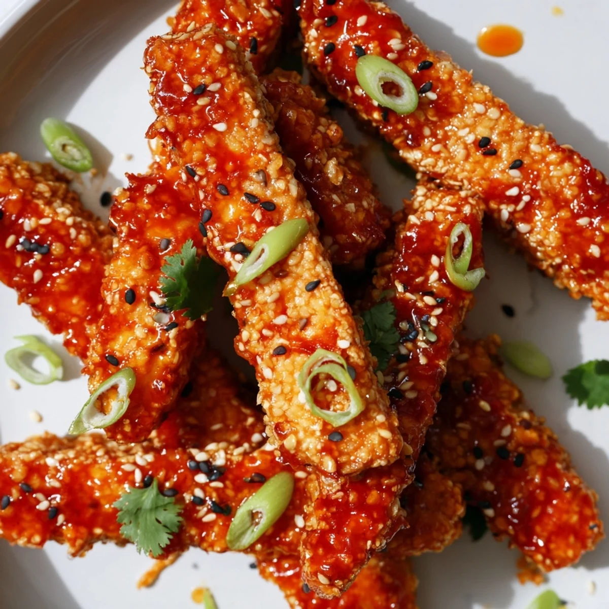 Vegan sweet chili glazed tempeh served on white plate with cilantro garnish