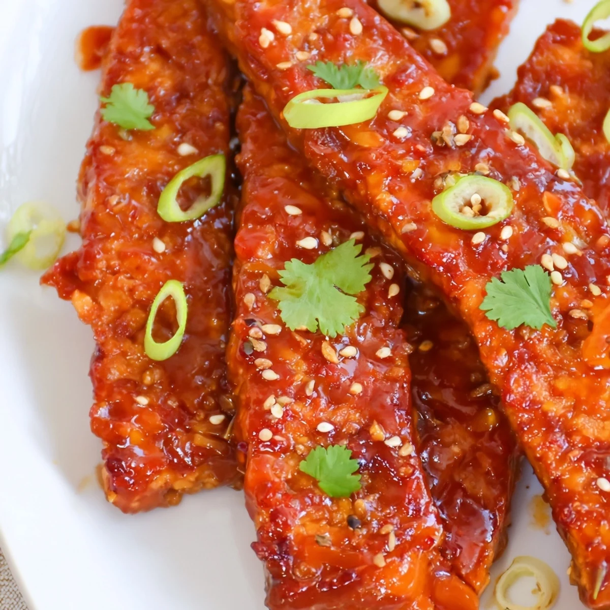 Crispy pan-fried tempeh tossed in tangy sweet chili glaze topped with fresh green onions