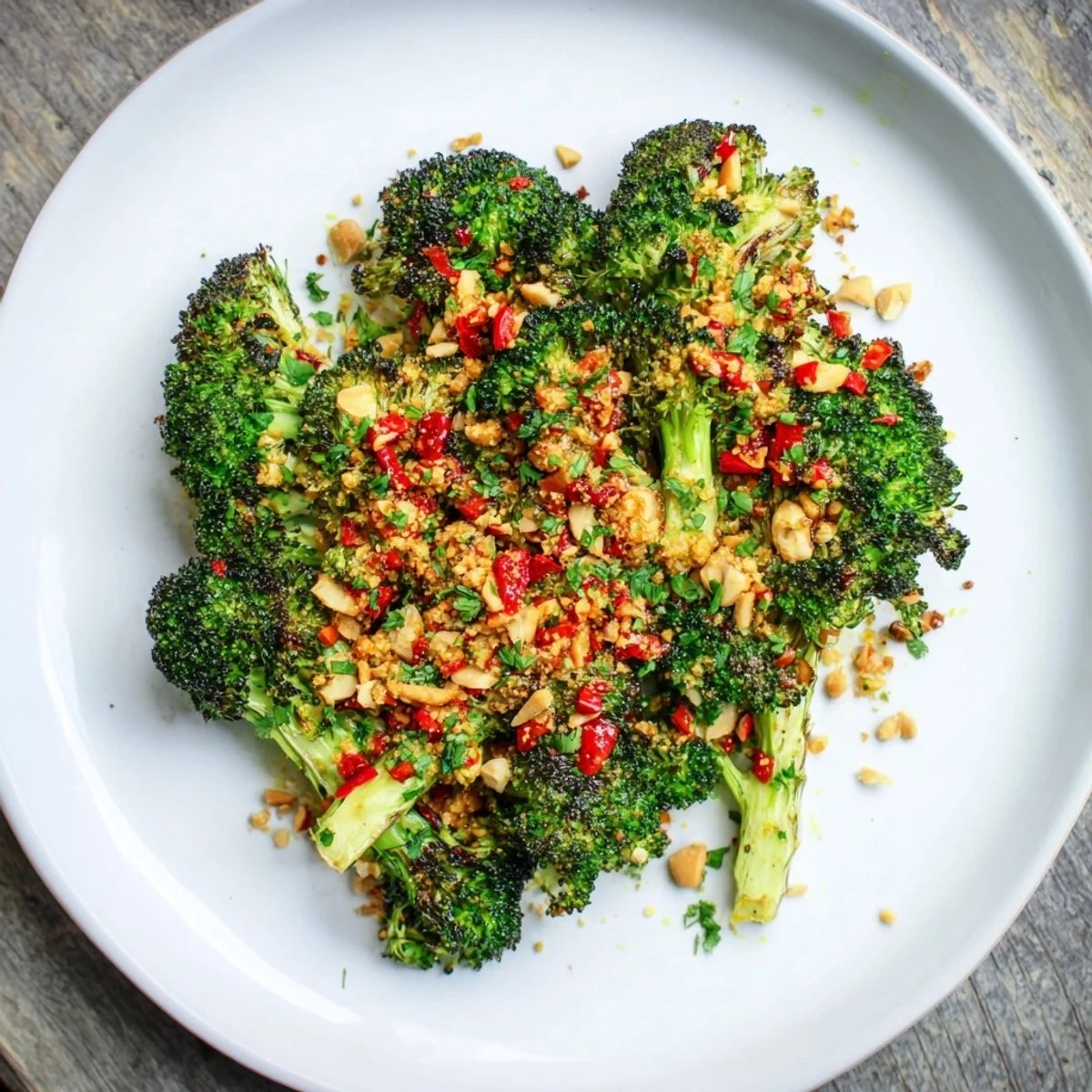 Golden roasted broccoli florets generously topped with spicy chili almond crunch and fresh lemon zest