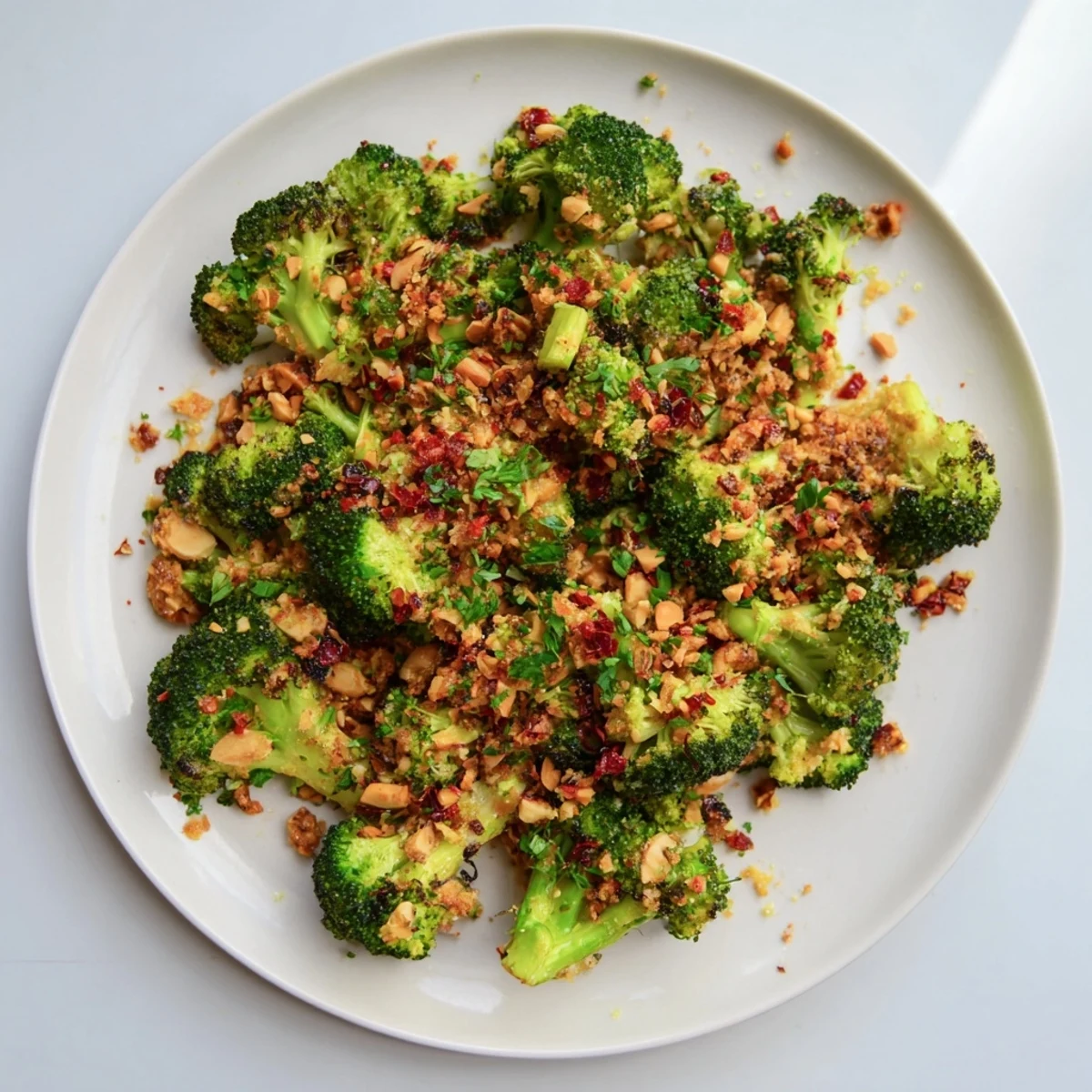 Crispy tender roasted broccoli served with zesty almond crumble and red chili flakes for extra crunch