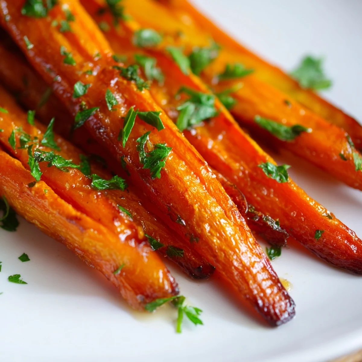 Golden glazed Maple Dijon roasted carrots arranged on a white serving platter