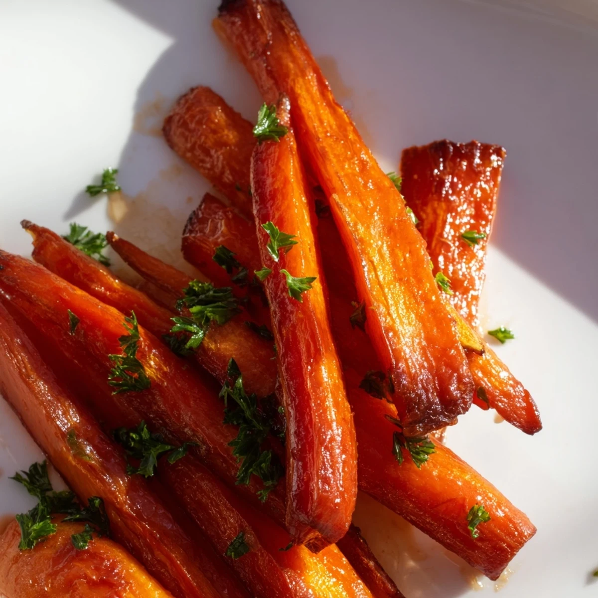 Fresh parsley sprinkled over roasted maple Dijon carrots on a rustic wooden board
