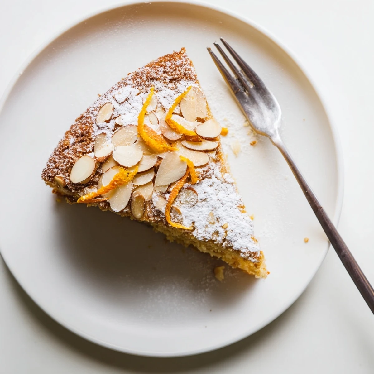 Golden almond orange olive oil cake topped with powdered sugar and orange zest curls