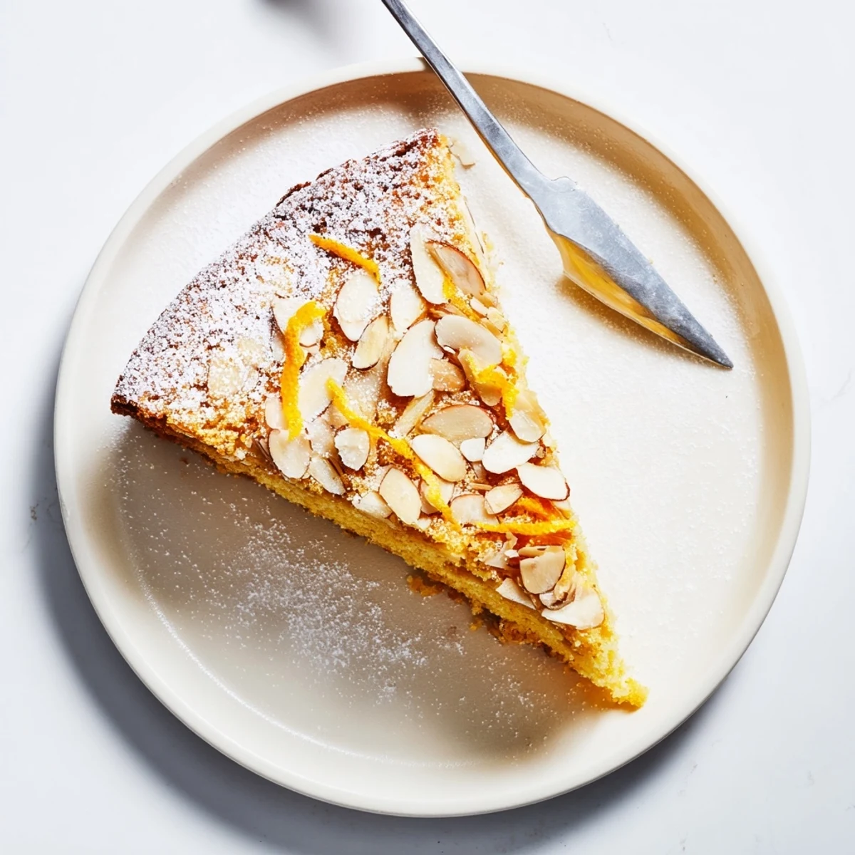 Moist Mediterranean cake featuring almond flour and fresh orange zest dusted with powdered sugar