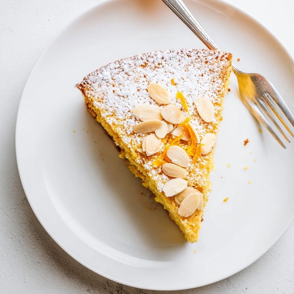 Slice of fragrant almond orange cake with whipped cream and garnished with sliced almonds