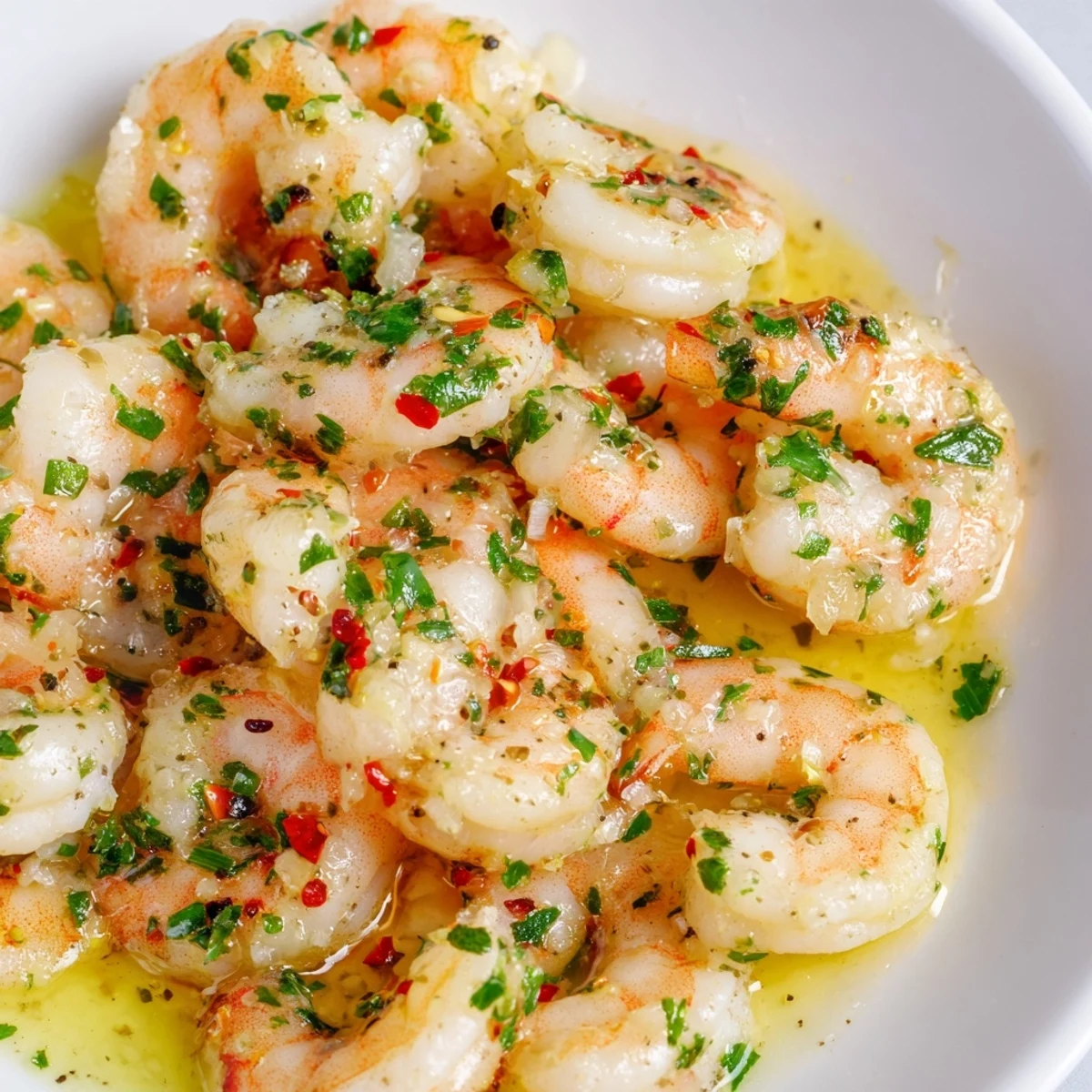 Succulent lemon garlic shrimp plated with vibrant parsley, basil, and chives over zesty buttery glaze