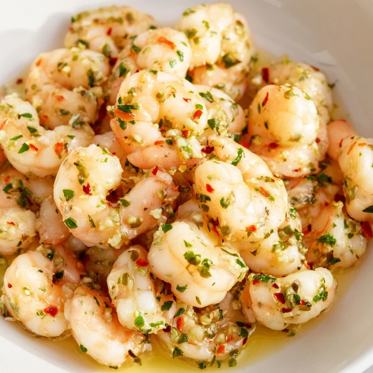 Golden pan-seared shrimp swimming in lemon garlic butter sauce with scattered fresh green herbs