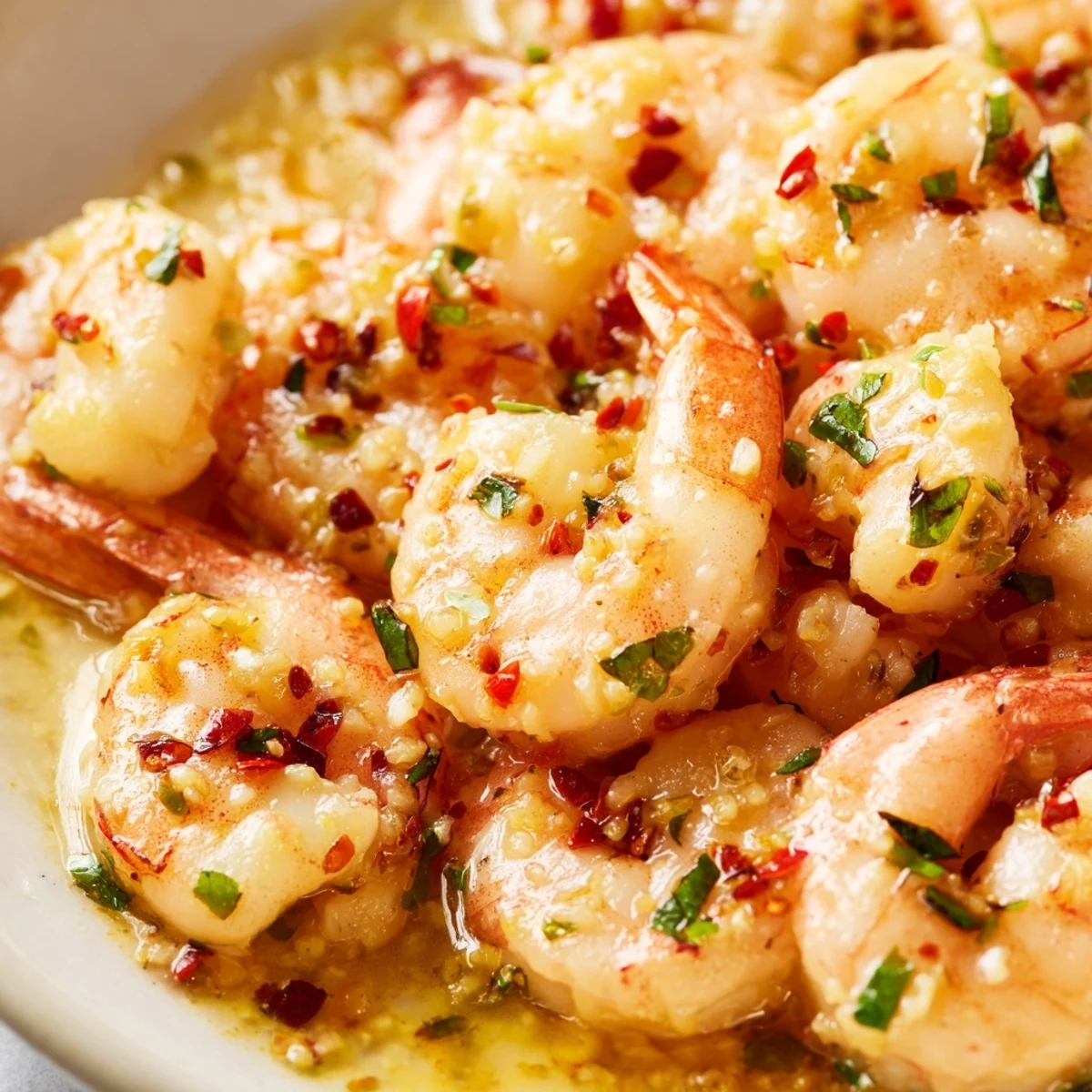 Mediterranean-style lemon garlic shrimp glistening with herb-finished sauce and fresh lemon wedges on white plate