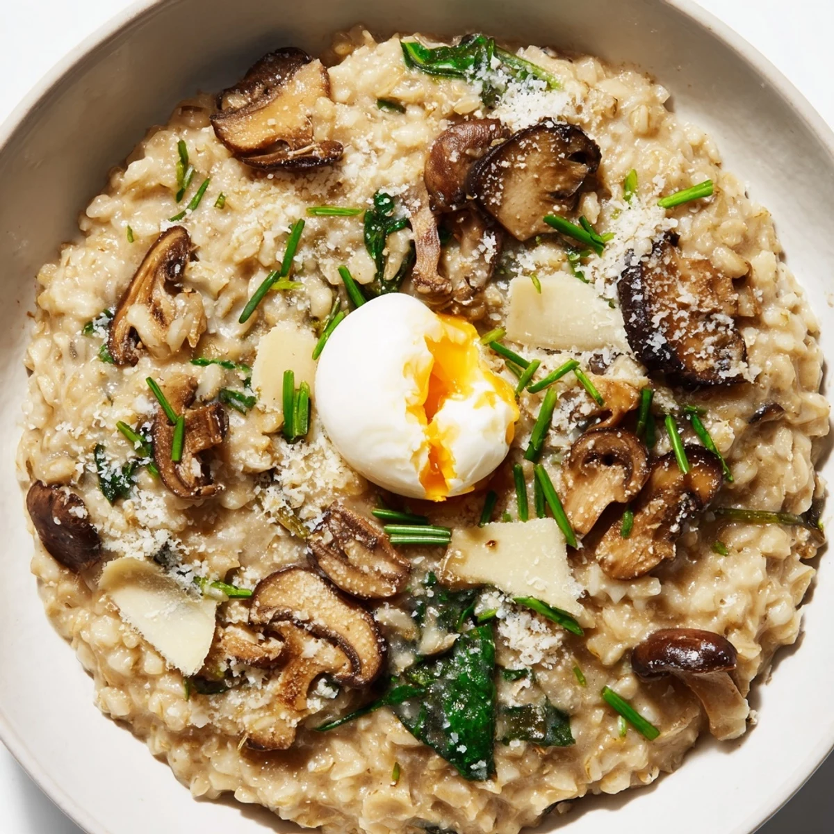 Creamy savory oat bowl topped with sautéed golden mushrooms and wilted fresh spinach garnished with soft-boiled egg