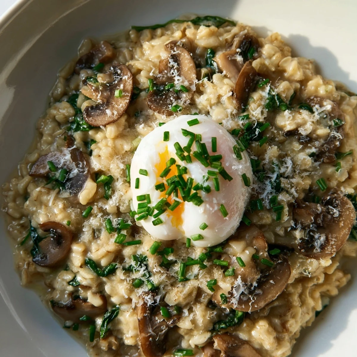 Wholesome spinach and mushroom oat bowl steaming in rustic bowl with parmesan cheese and chopped chive garnish