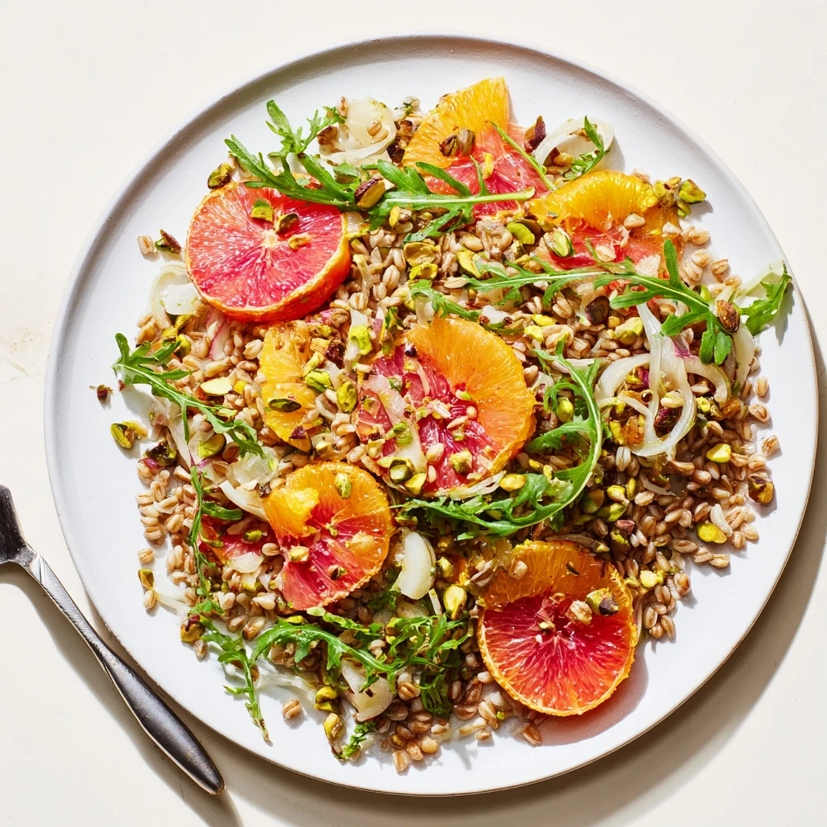Mediterranean citrus fennel and farro salad topped with pistachios and fresh fennel fronds