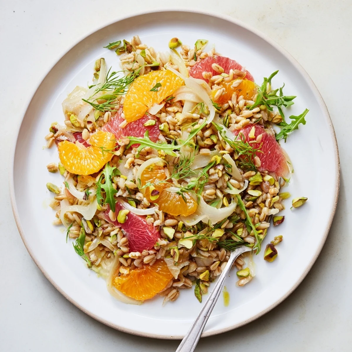 Colorful citrus fennel and farro salad with oranges, grapefruit, and arugula in a bowl