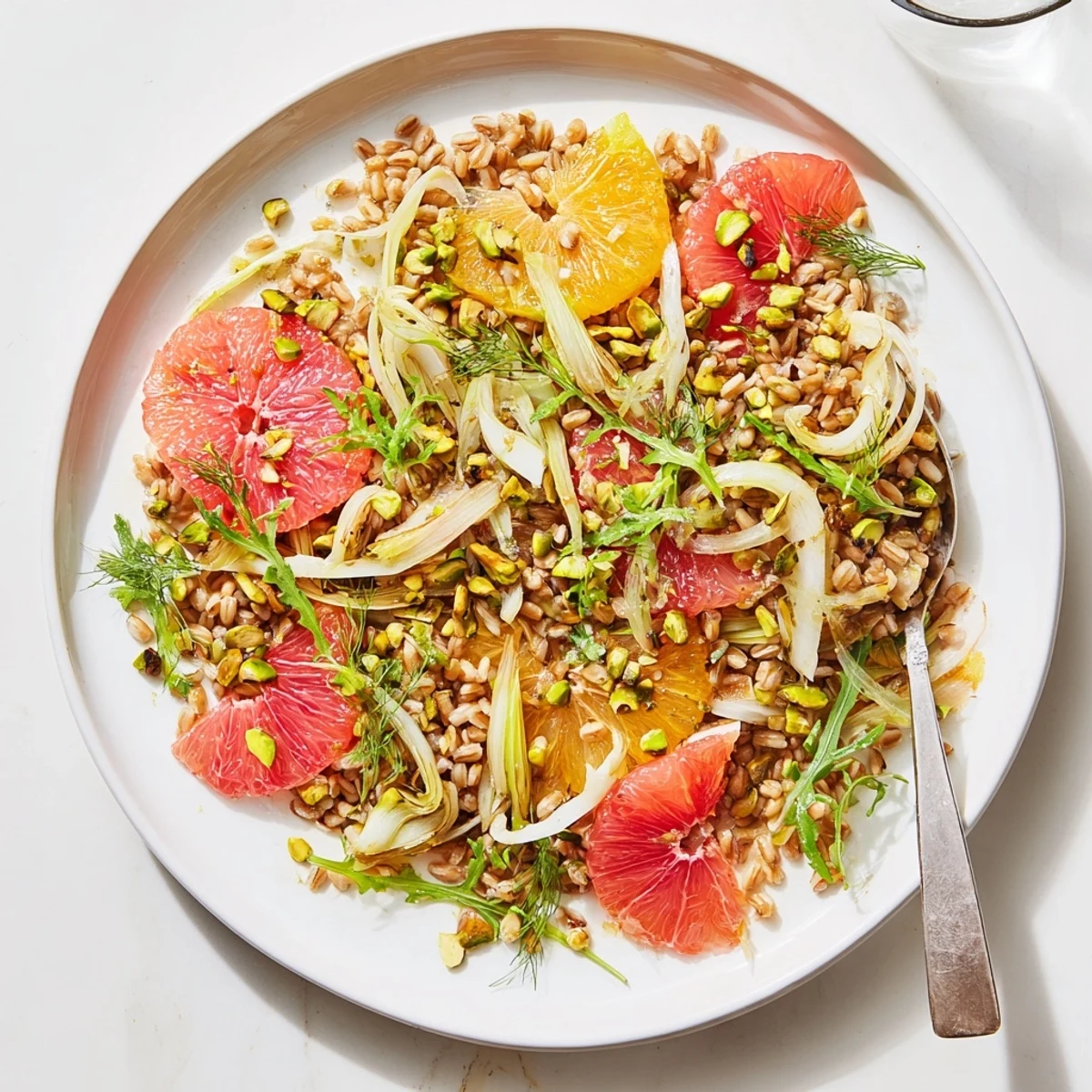 Light citrus fennel and farro salad featuring juicy segmented oranges and pink grapefruit
