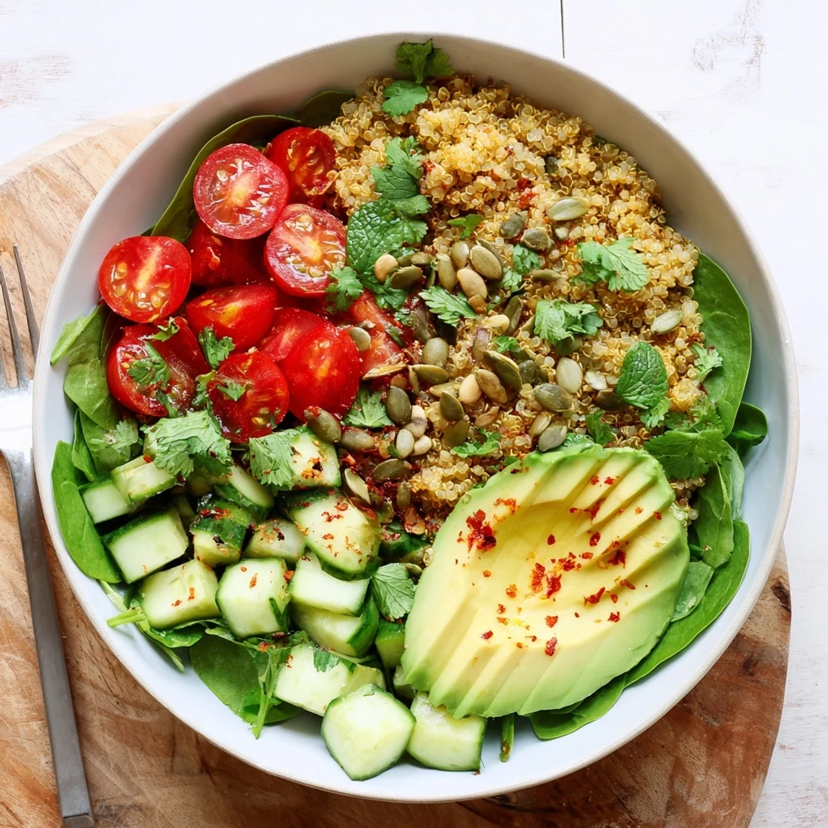 Colorful vegan quinoa and avocado herb bowl featuring crisp vegetables and zesty lemon dressing