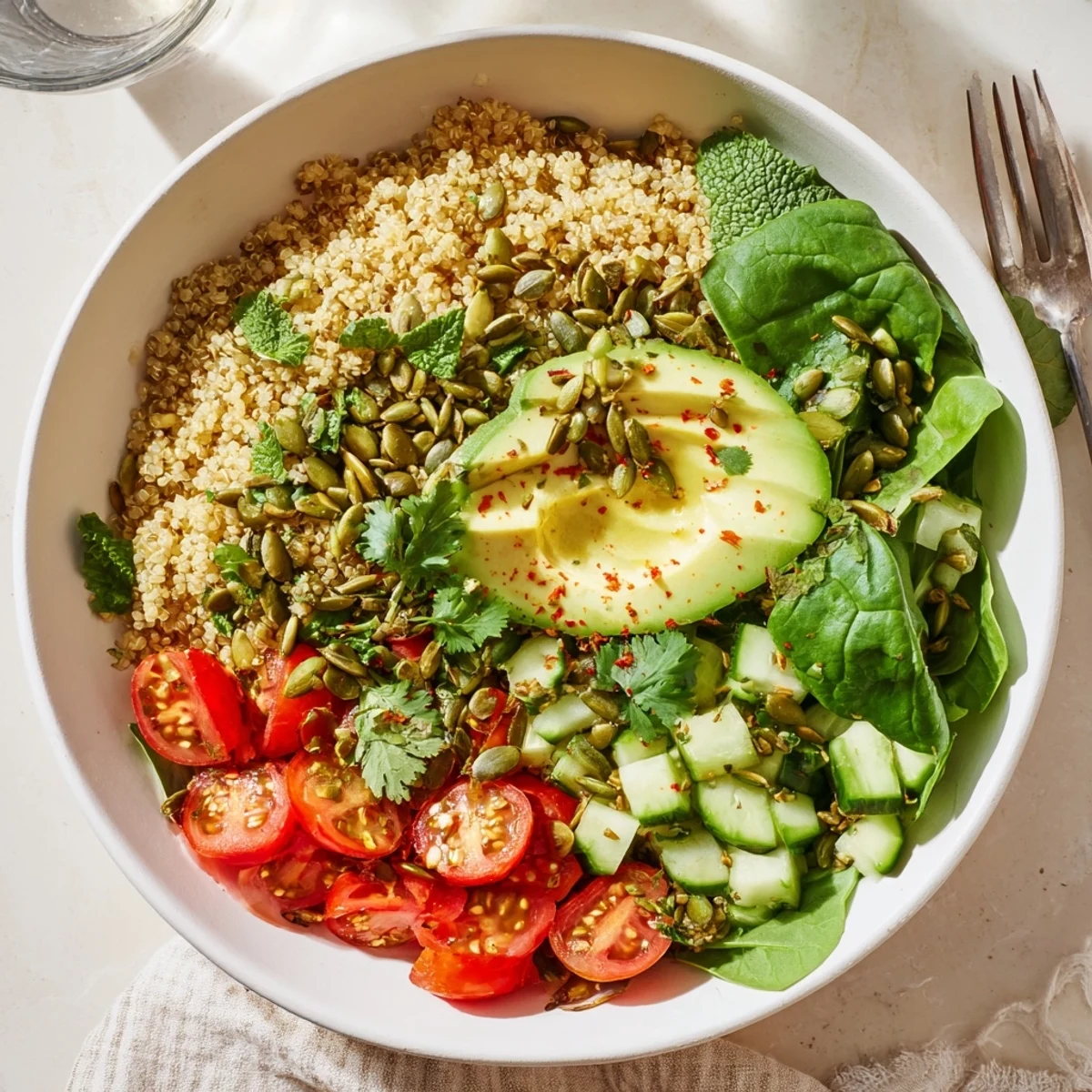 Golden toasted quinoa bowl topped with creamy avocado slices and vibrant fresh herbs