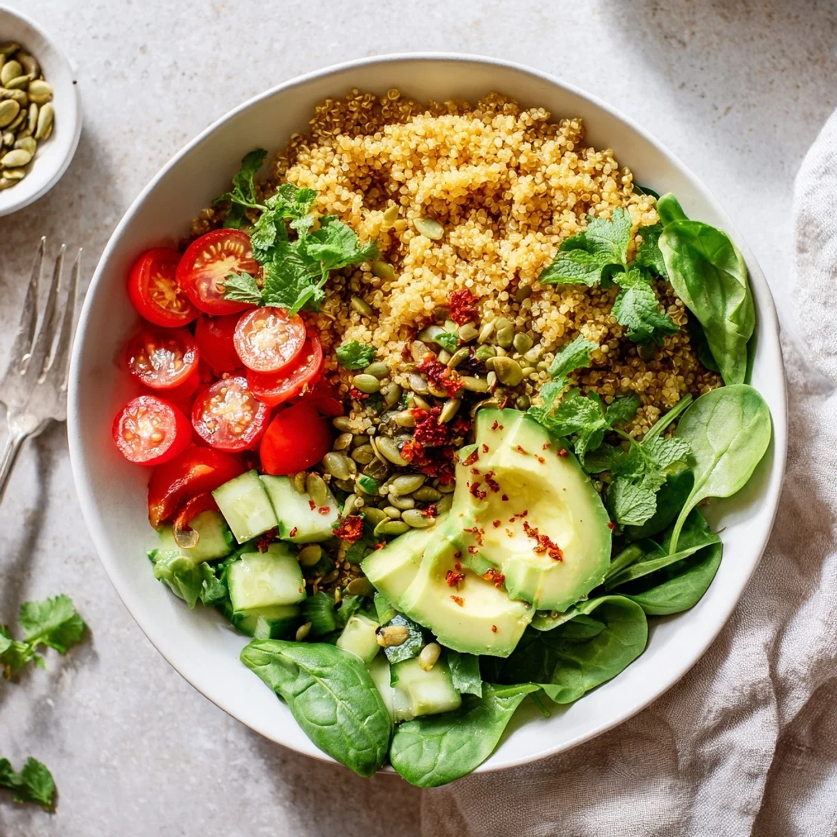 Wholesome toasted quinoa bowl arranged with ripe avocado, cherry tomatoes, and chopped cilantro