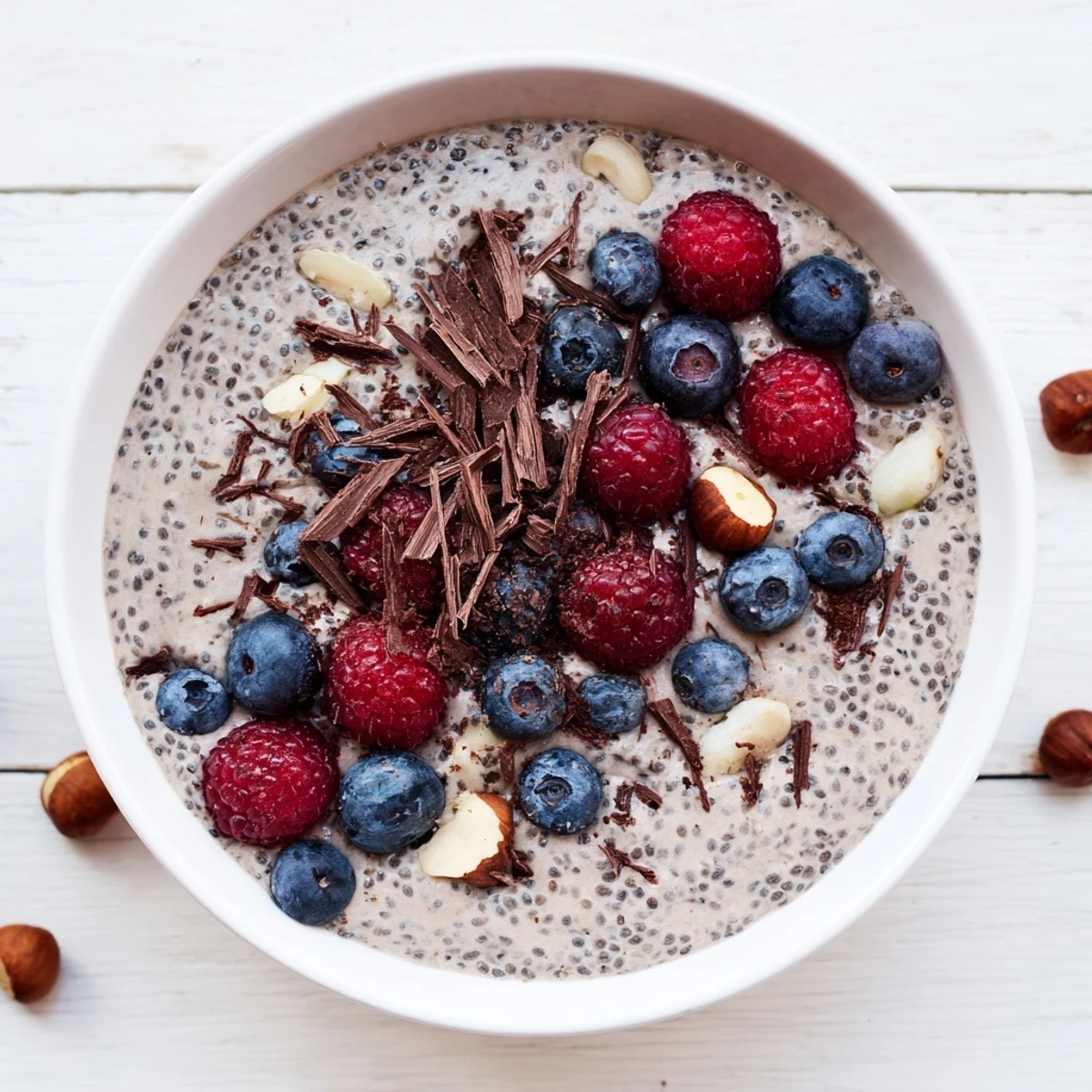 Rich chocolate cocoa hazelnut chia pudding topped with toasted nuts and fresh berries
