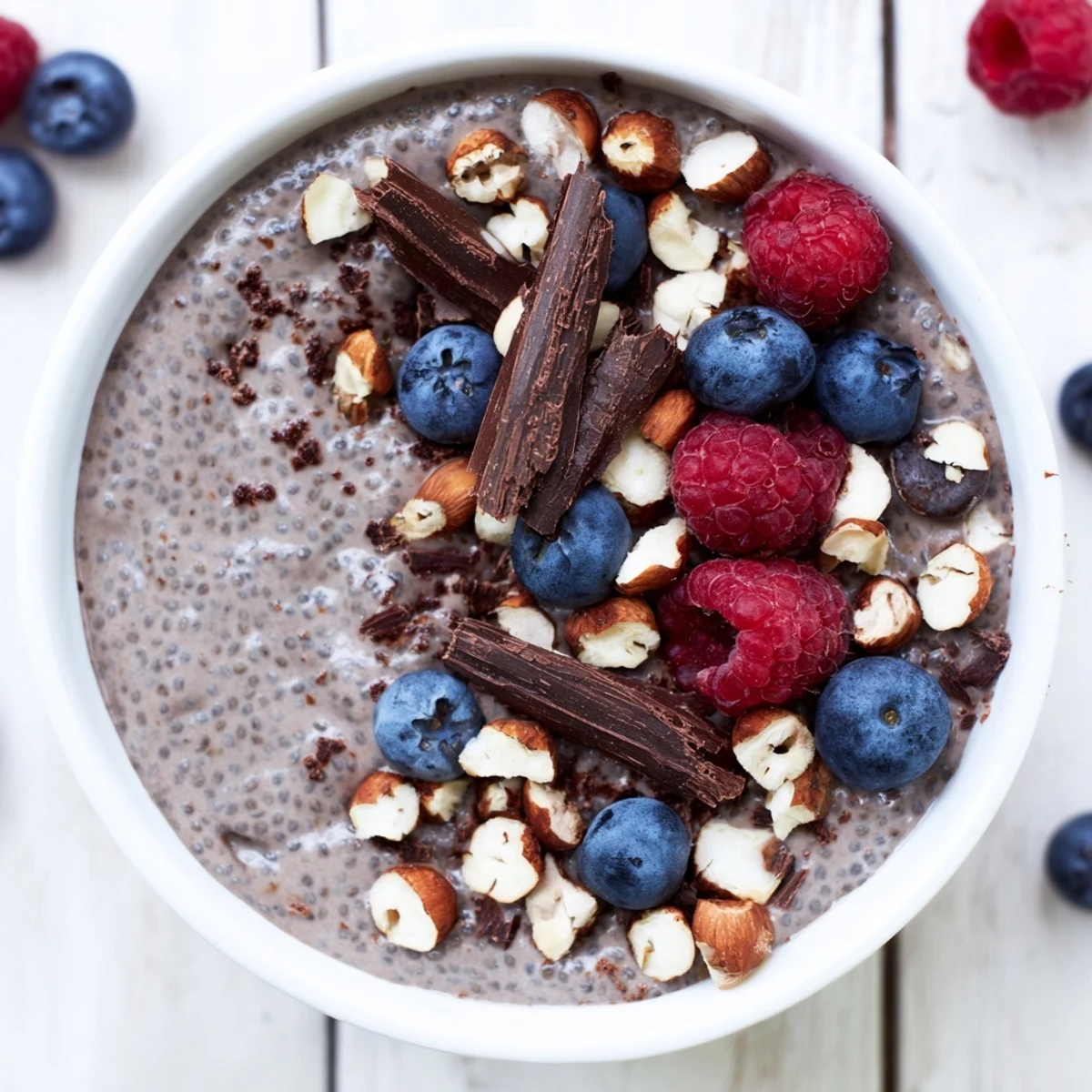 Creamy vegan cocoa hazelnut chia pudding in glass jars with hazelnut garnish