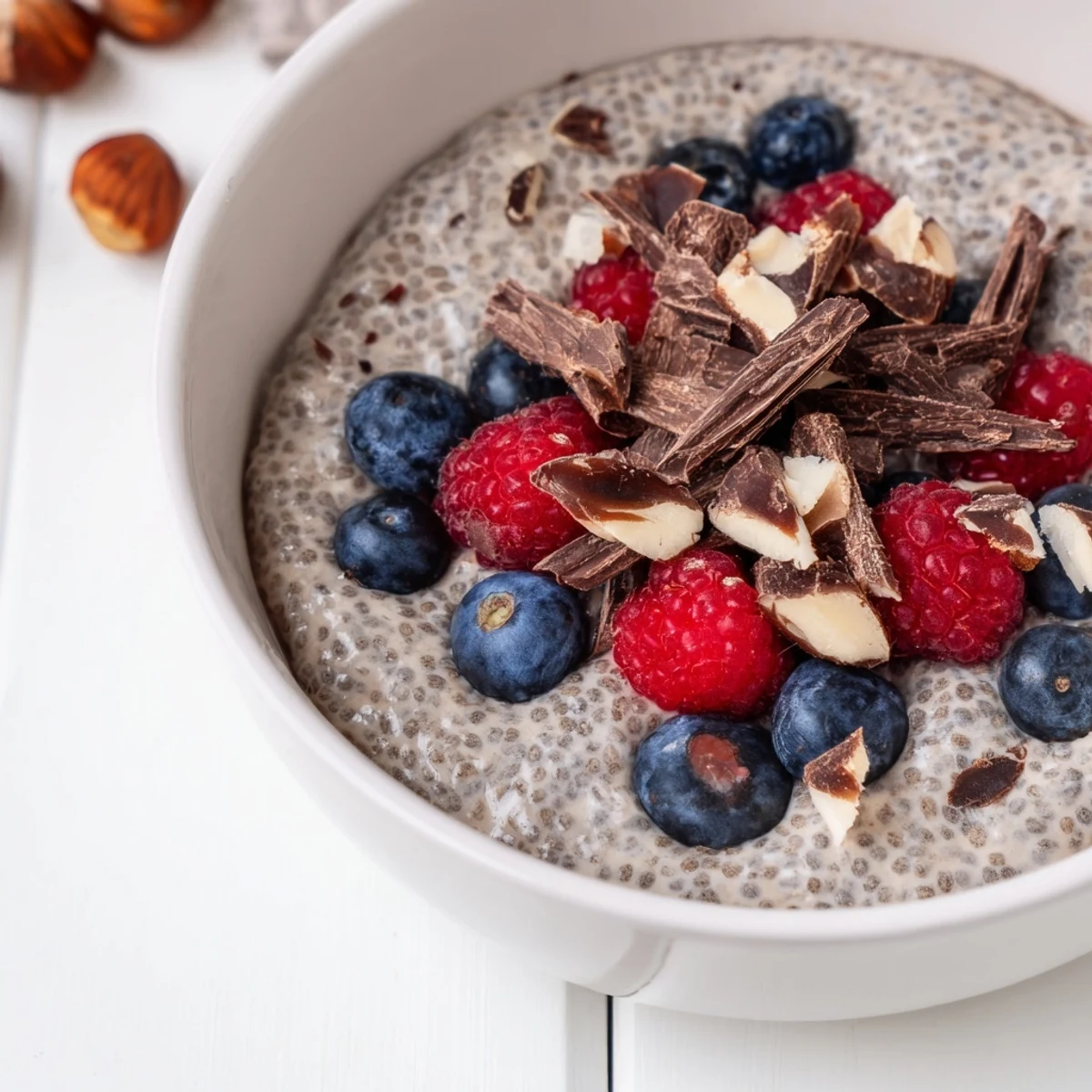 Thick chocolate chia pudding with crunchy hazelnut pieces and dairy-free chocolate shavings