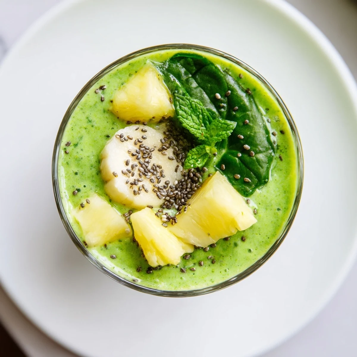 Glossy bright green Pineapple Mint Green Smoothie poured into a tall glass with fresh mint garnish