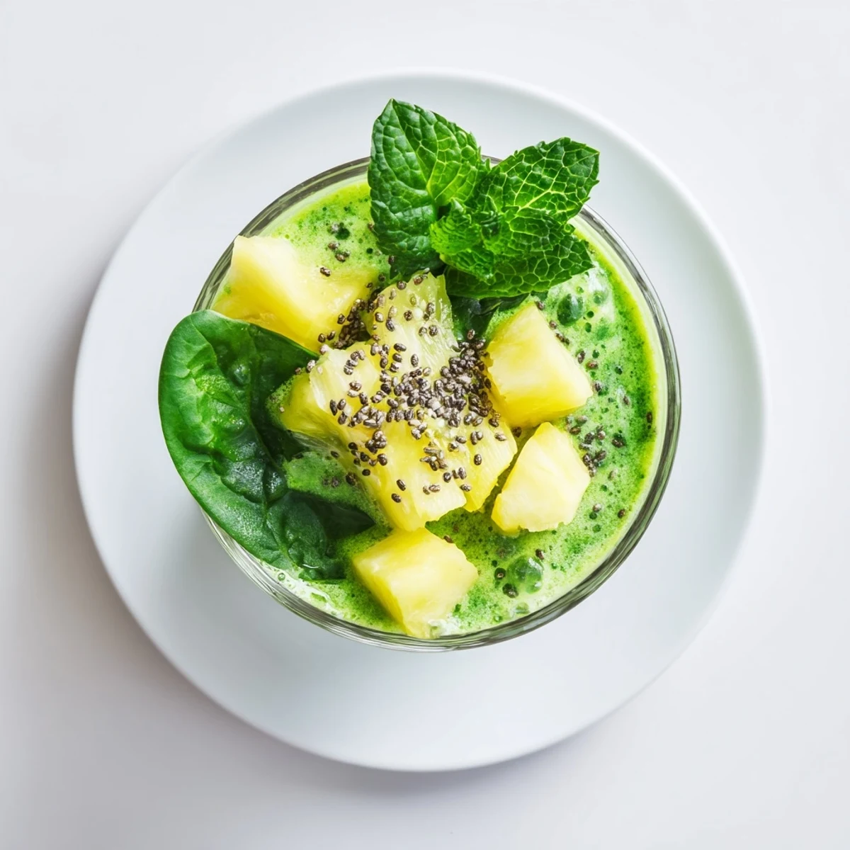 Creamy vibrant Pineapple Mint Green Smoothie blended with spinach and sweet pineapple chunks on a wooden table