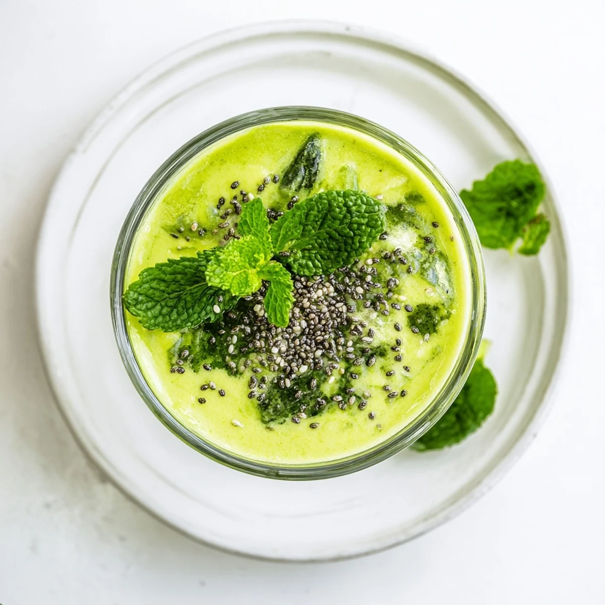 Refreshing Pineapple Mint Green Smoothie in a clear glass showing swirls of fresh mint and leafy greens