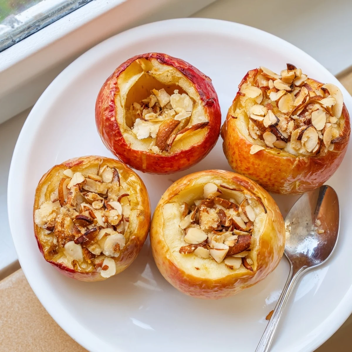 Golden baked apples filled with vanilla almond stuffing and topped with warm cinnamon sugar