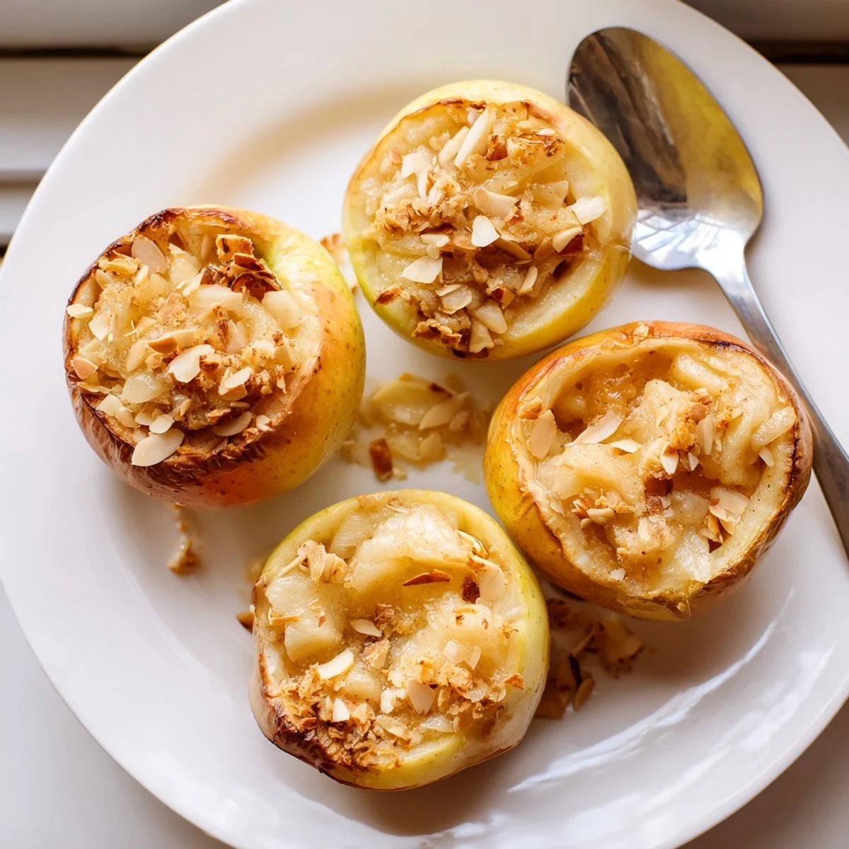 Warm vanilla almond baked apples served in a baking dish with golden bubbling filling