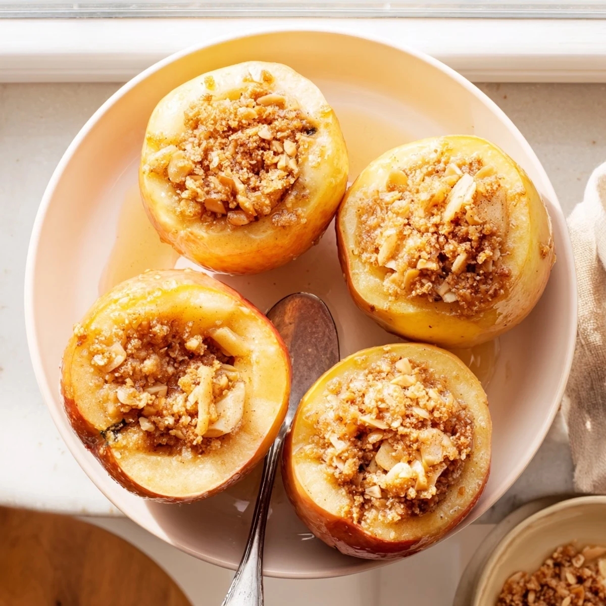 Fresh Honeycrisp apples cored and stuffed with crunchy almond vanilla mixture baked until tender