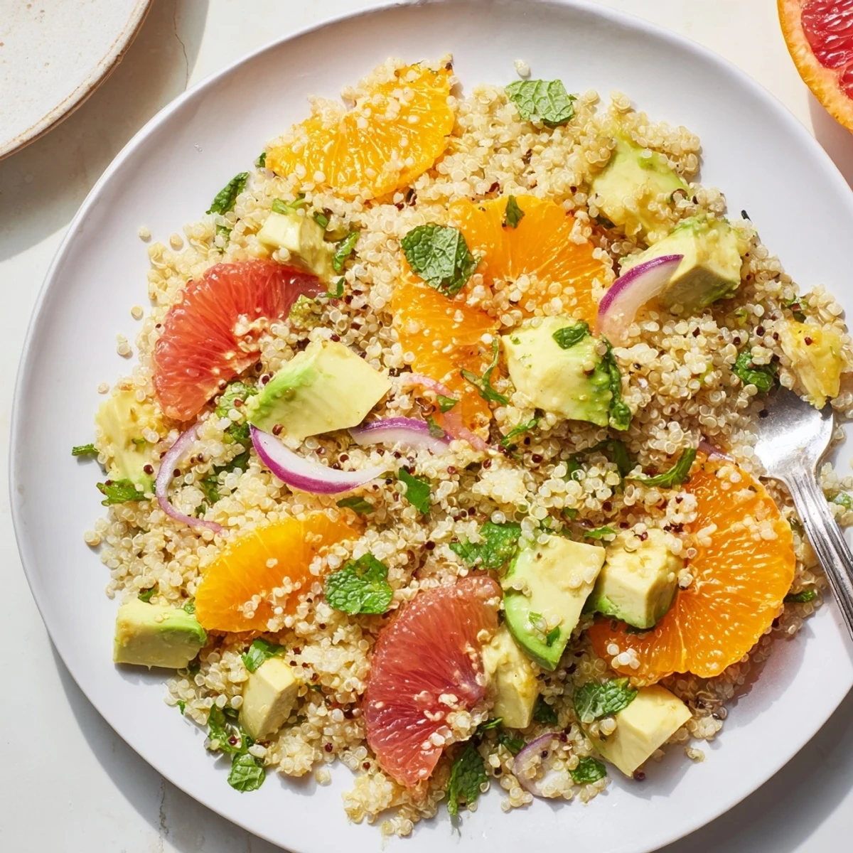 Fluffy cooked quinoa mixed with vibrant grapefruit pieces, creamy avocado cubes, and red onion slices in a white bowl