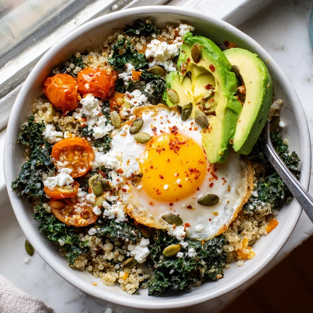 Savory kale and avocado breakfast grain bowl topped with a perfectly fried egg and toasted seeds