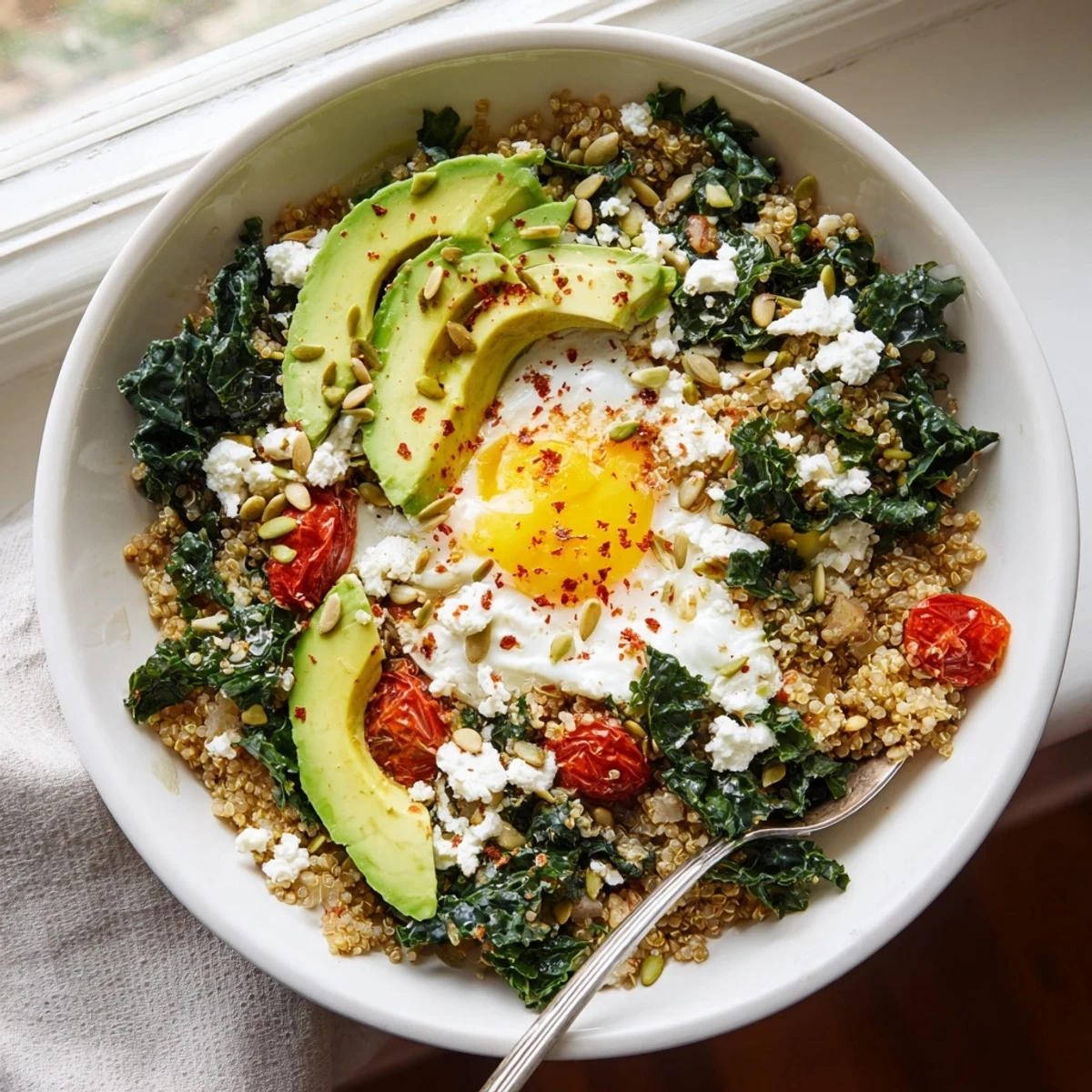 Hearty breakfast grain bowl featuring fluffy quinoa, sautéed kale, creamy avocado slices, and protein-rich egg