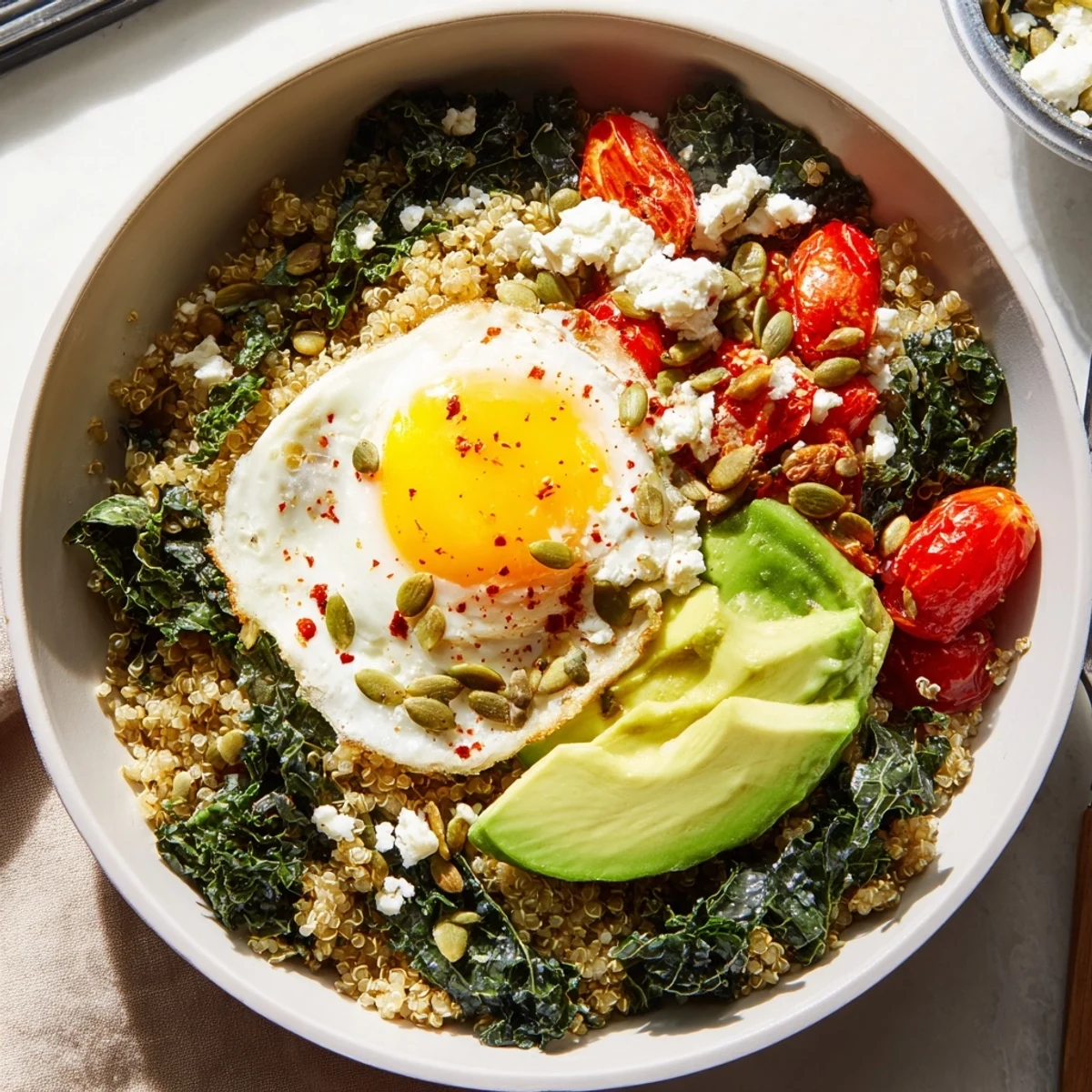 Colorful breakfast bowl arrangement with seasoned kale, ripe avocado, and a runny yolk egg over grains