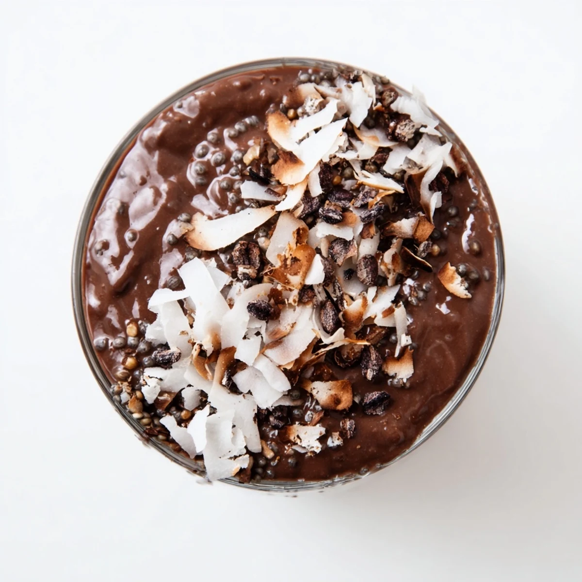 Layered dark chocolate coconut chia delight in glass topped with toasted coconut flakes and fresh berries