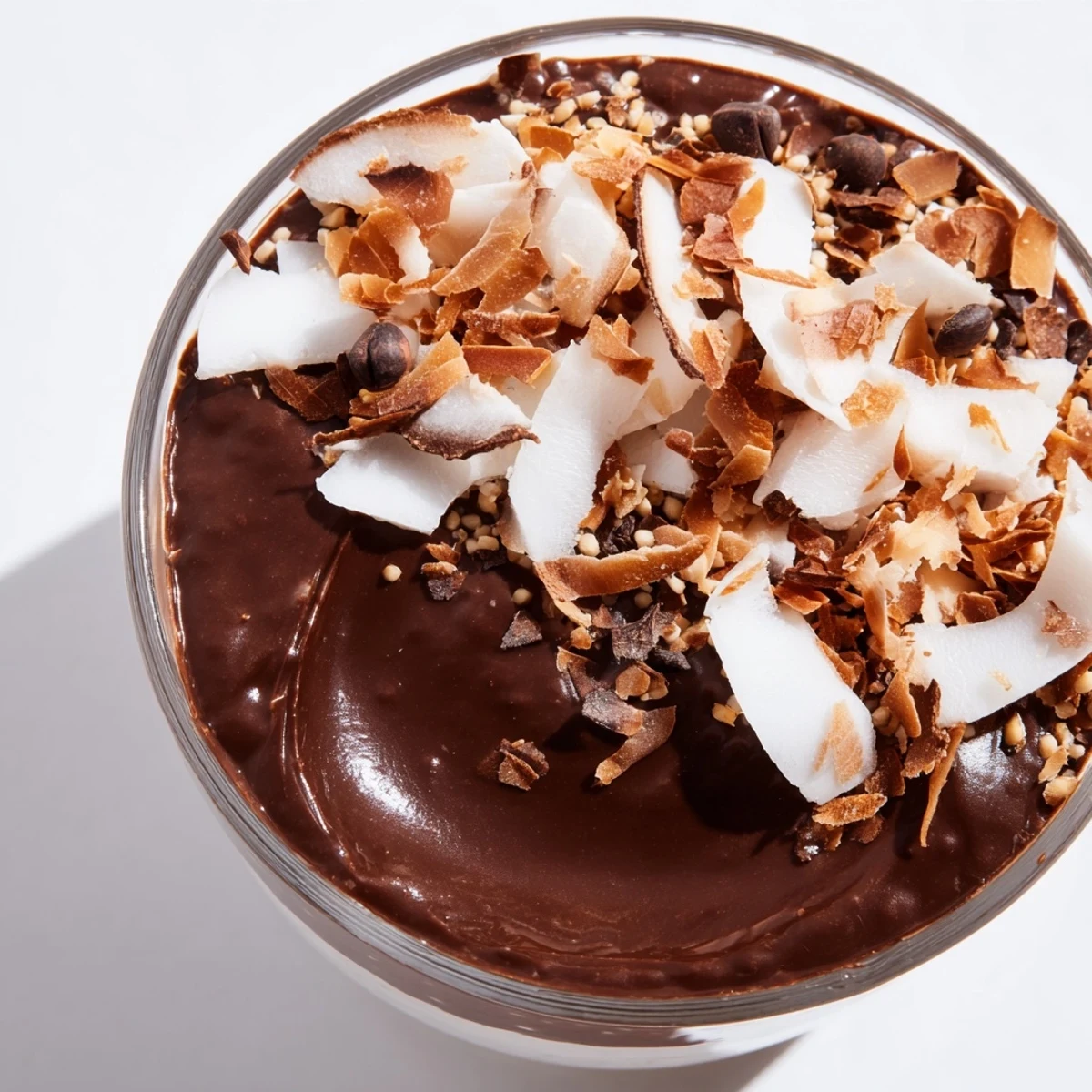 Creamy no-bake dark chocolate coconut chia delight with glossy melted chocolate ganache and cacao nibs