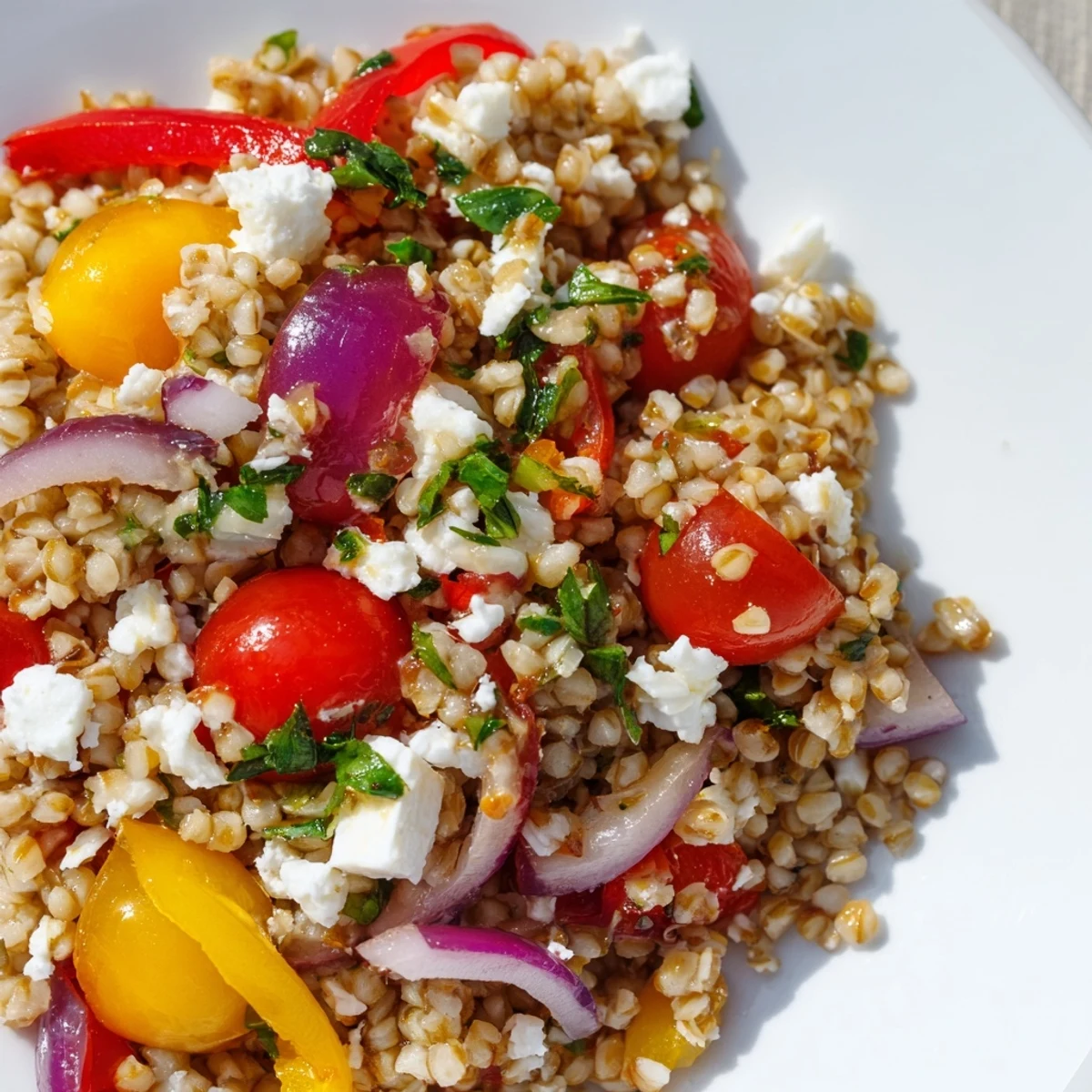 Colorful warm bulgur and roasted pepper salad plated with crumbled feta and fresh herbs