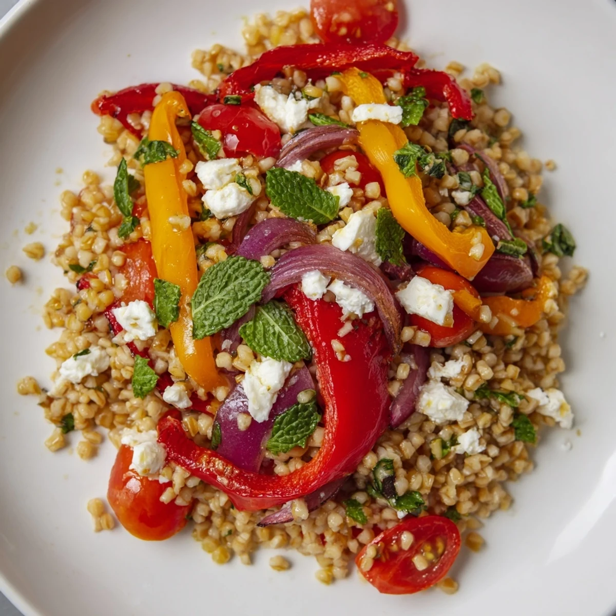 Mediterranean-style warm bulgur and roasted pepper salad featuring charred red and yellow bell peppers