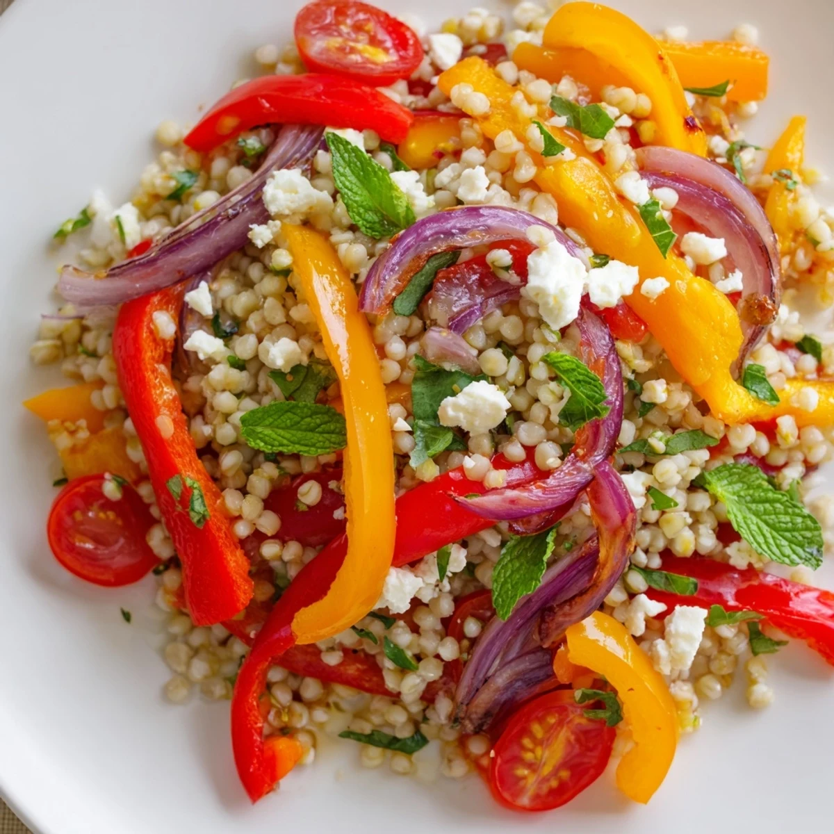Hearty bowl of warm bulgur and roasted pepper salad dressed with zesty lemon and cumin