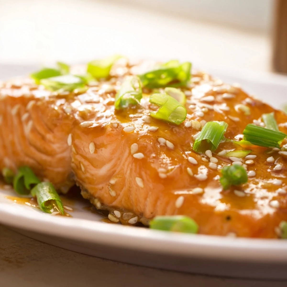 Golden brown glazed salmon fillets with ginger lime sauce and fresh green onion garnish