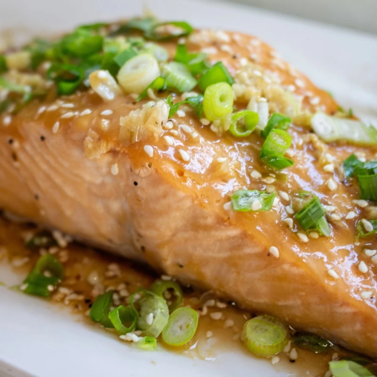 Baked salmon brushed with tangy ginger lime glaze and topped with sesame seeds