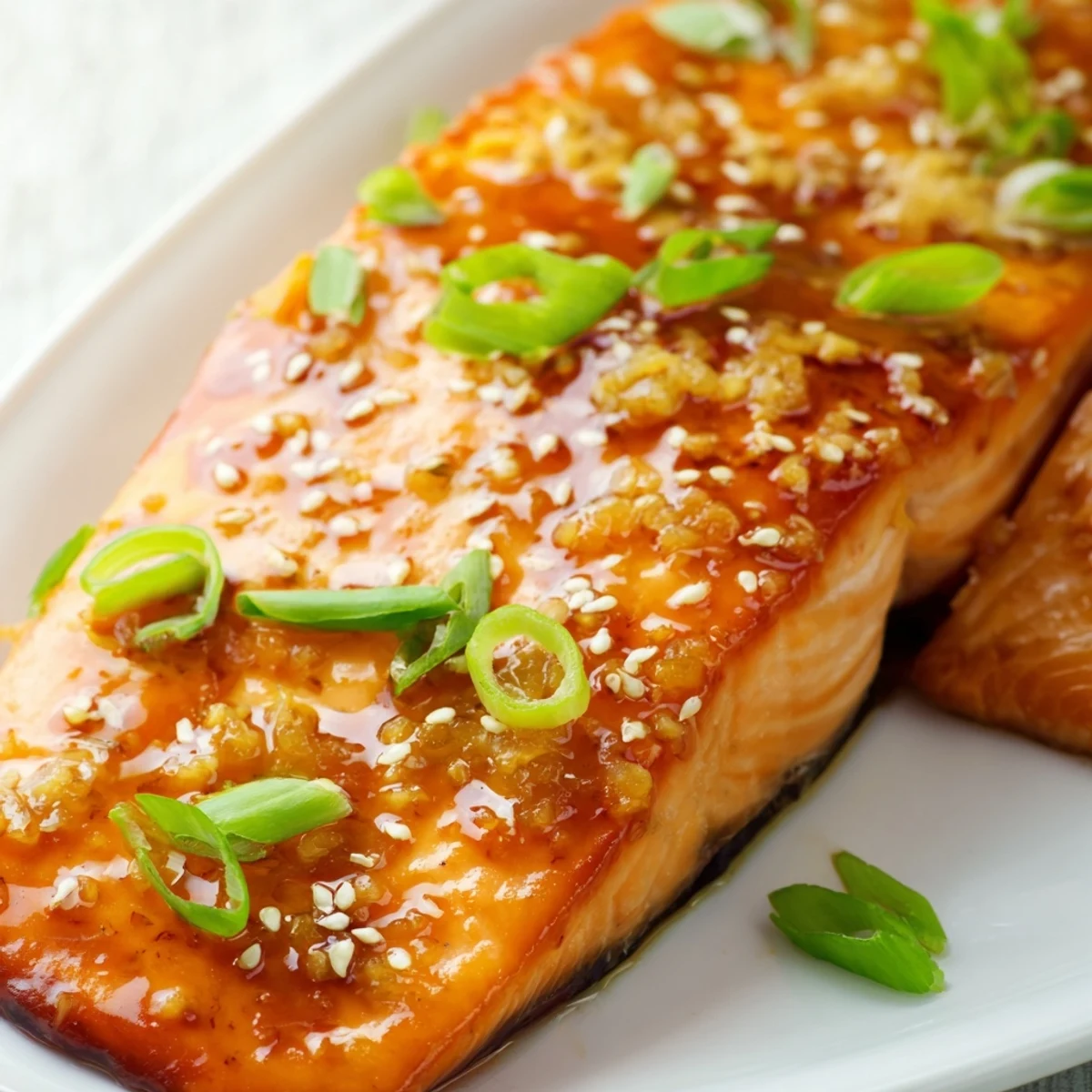 Perfectly cooked salmon fillets featuring a shiny ginger lime glaze and lime wedges