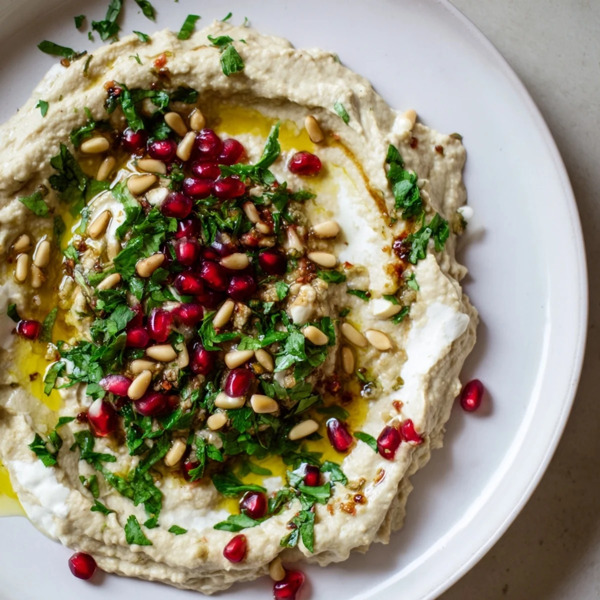 Smoky Mediterranean eggplant dish drizzled with velvety tahini and pomegranate seeds