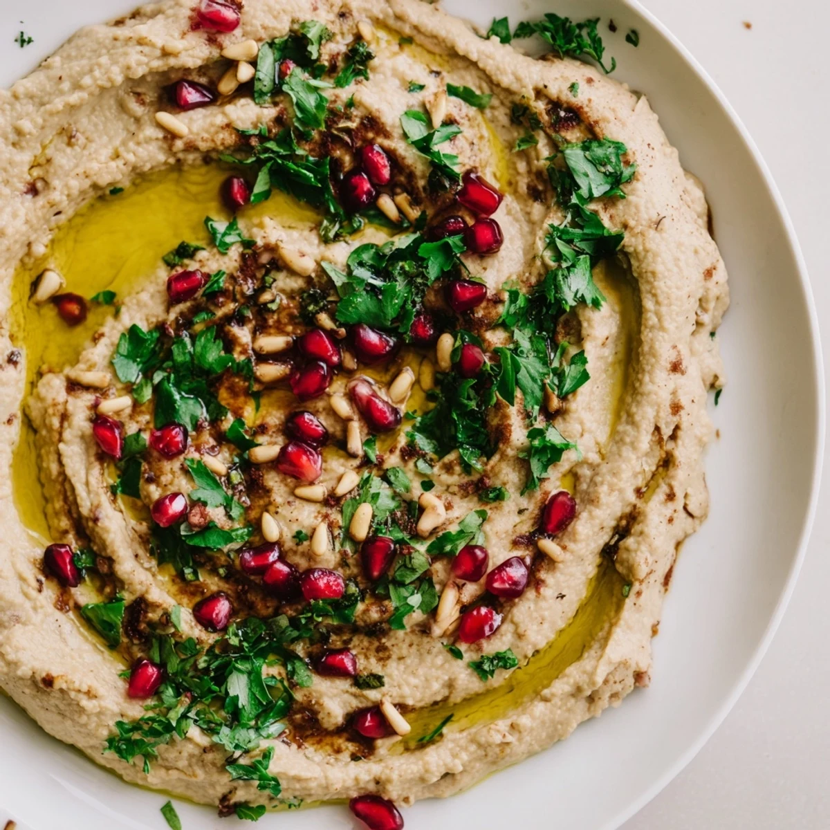 Charred eggplant mash served with tangy lemon tahini sauce and toasted pine nuts