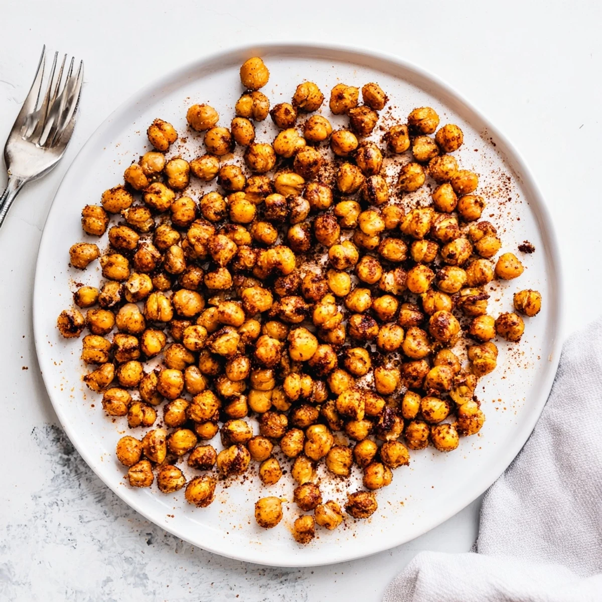 Spicy roasted chickpeas coated in aromatic garlic and paprika cooling on parchment paper
