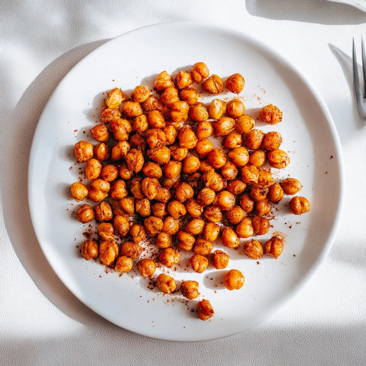 Golden brown crispy garlic chili chickpeas scattered on a white baking sheet with red specks