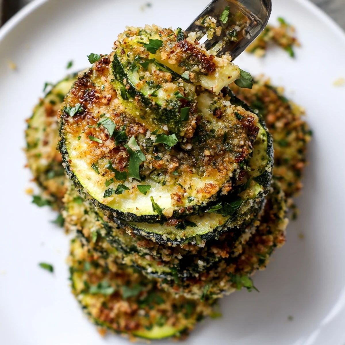 Golden roasted zucchini rounds topped with crispy lemon herb breadcrumb crumble and Parmesan