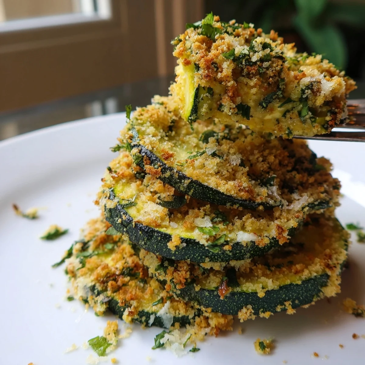 Tender Mediterranean zucchini side dish with bright citrusy herb crumble sprinkled on top