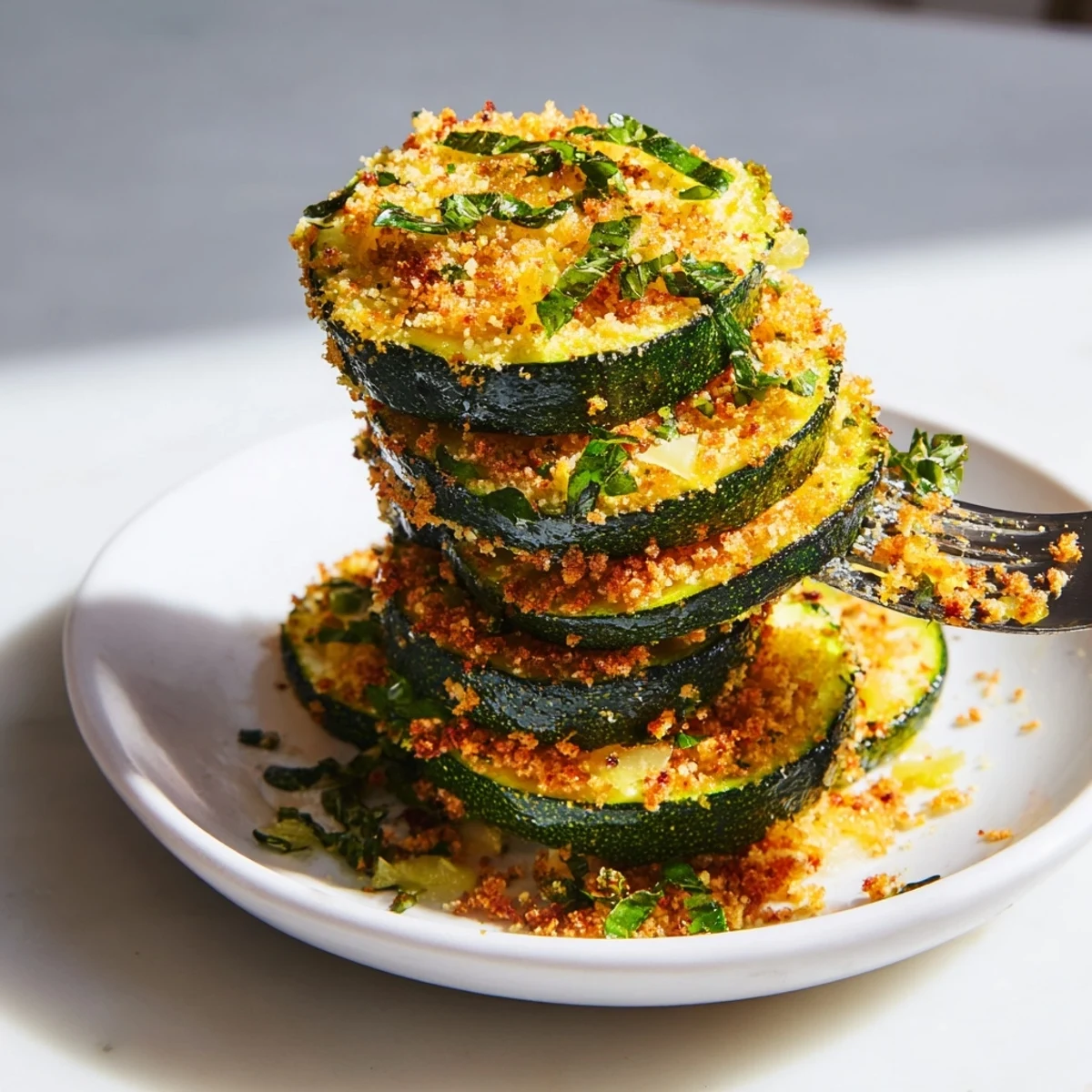 Oven roasted zucchini slices layered with crunchy seasoned crumble and fresh parsley garnish