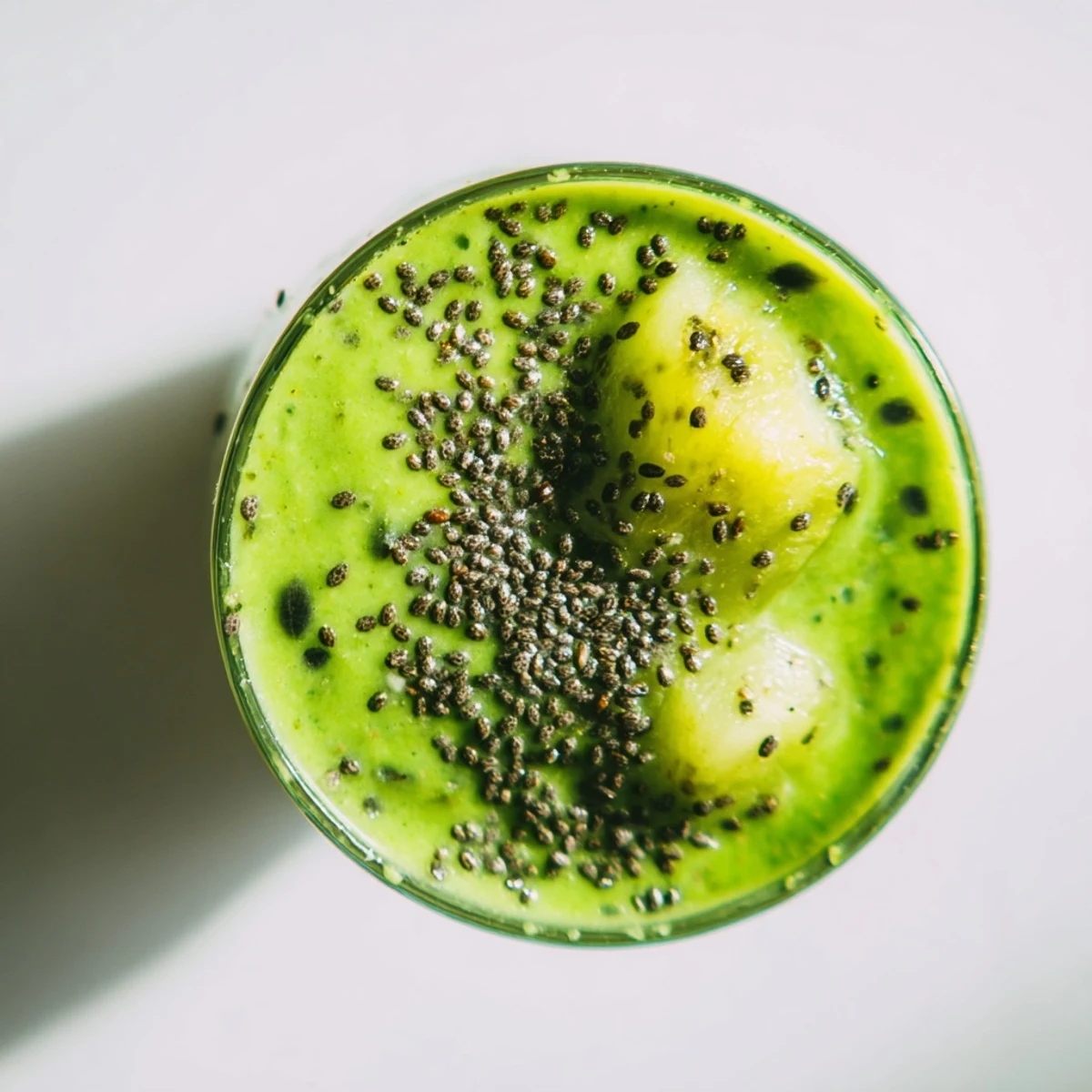 Tall glass of papaya lime green smoothie topped with fresh lime wheel and mint sprig