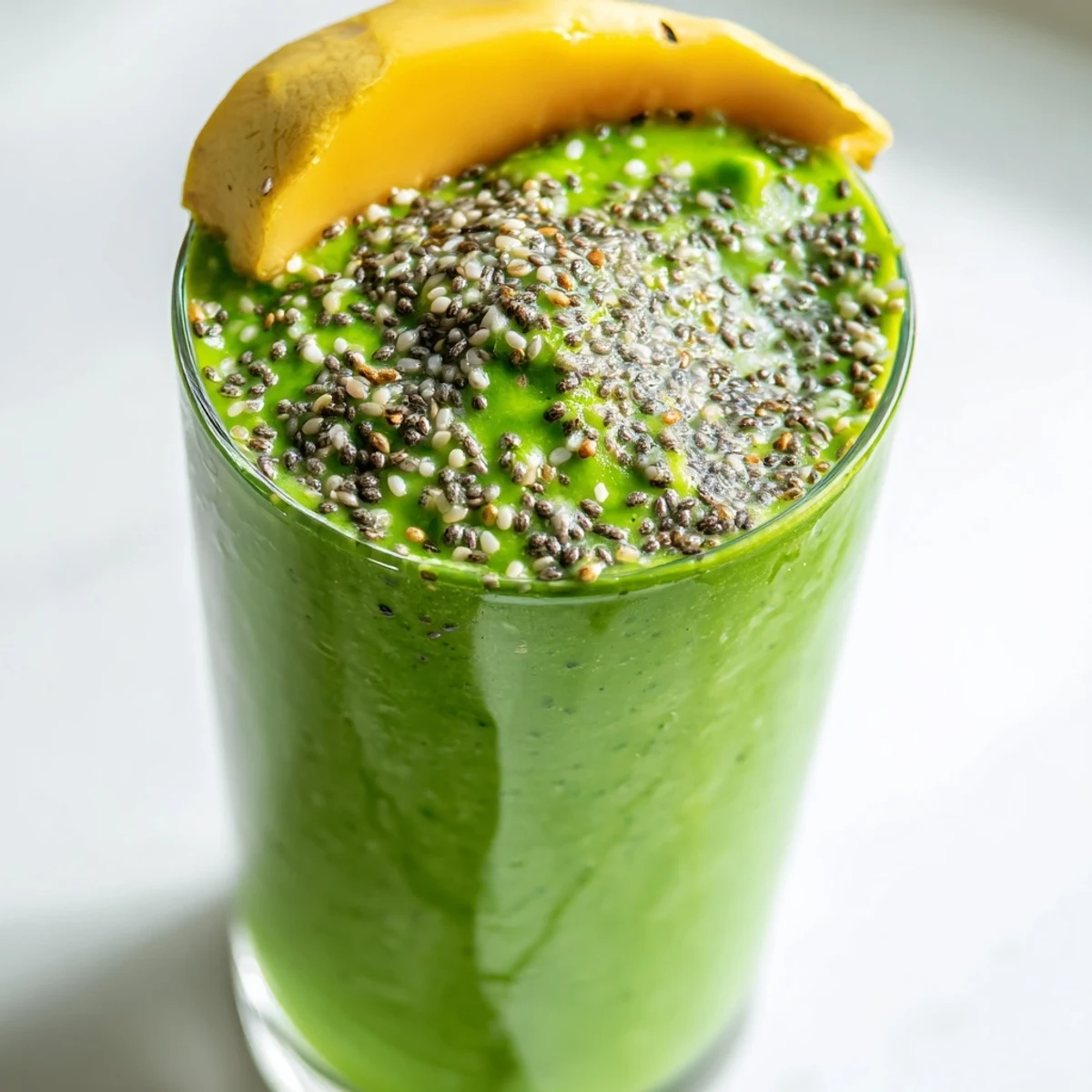 Two glasses of vibrant papaya lime green smoothie with ice cubes on wooden table